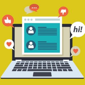 an illustration of a laptop with chat graphics