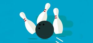 an illustration of a bowling bowl hitting three skittles