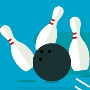 an illustration of a bowling bowl hitting three skittles