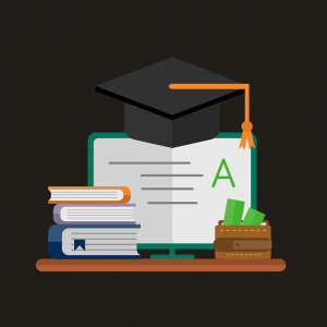 an illustration of some books and a mortar board