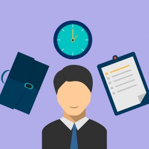 an illustration of a worker with a checklist, a briefcase and a clock