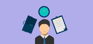 an illustration of a worker with a checklist, a briefcase and a clock