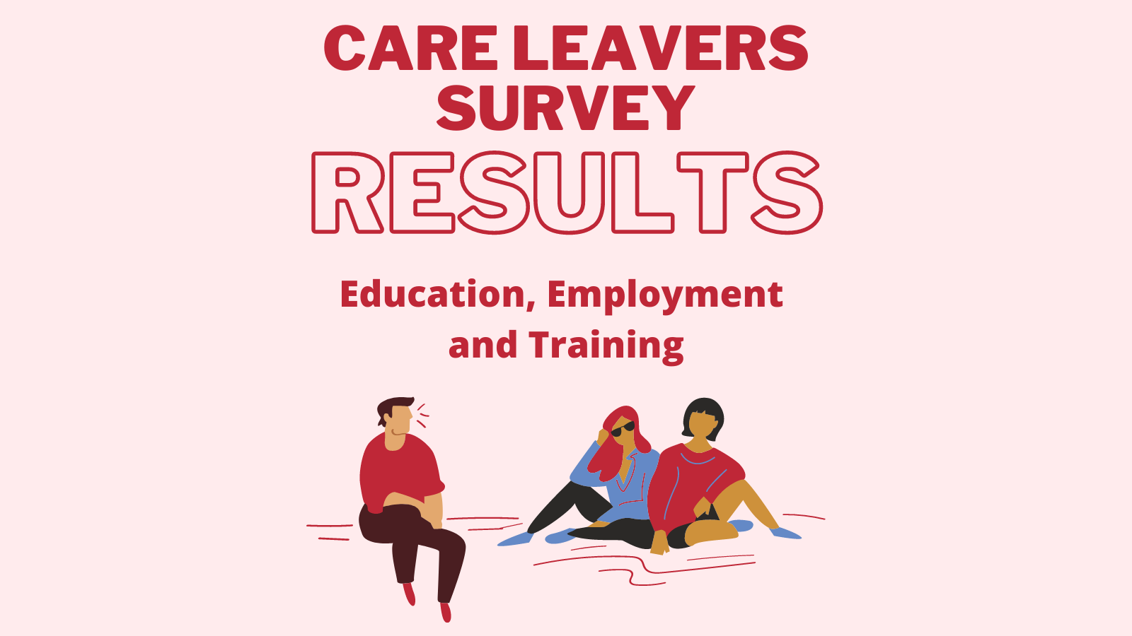 an illustration of three people talking. The image is to promote the results of the care leavers survey about education, employment and training