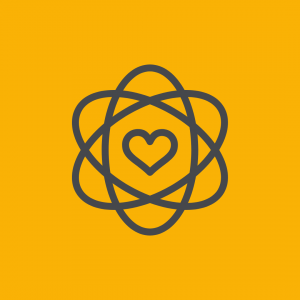 a graphic of an atom with a heart at its core
