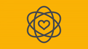 a graphic of an atom with a heart at its core