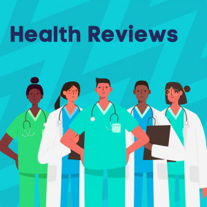 A graphic showing a group of nurses with the title "Health Reviews"
